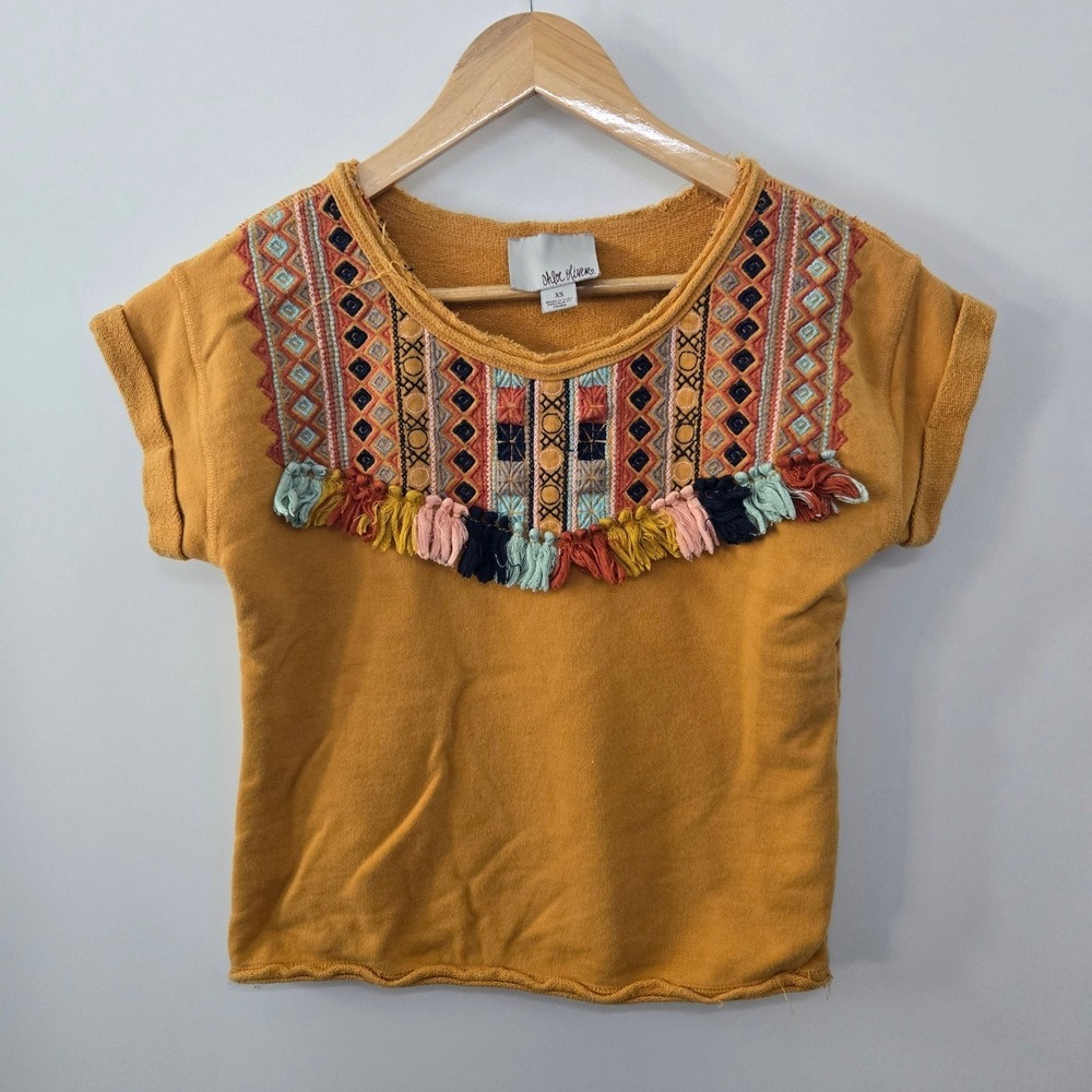 Anthropologie Chloe Oliver Top Womens XS Mustard Yellow Embroidered Tassel Boho